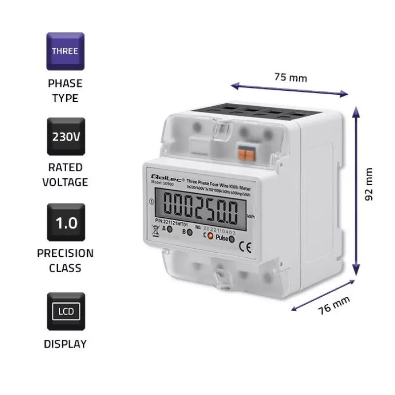 Trifazis elektroninis energijos skaitiklis QOLTEC 50900 400V LCD 4P