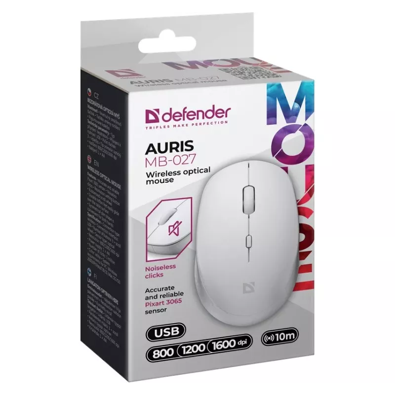 Belaidė pelė su tyliu spustelėjimu AURIS MB-027 800/1200/1600 DPI balta