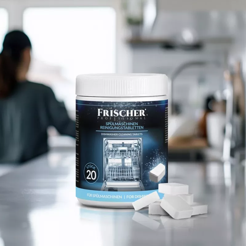 Indaplovių valymo tabletės FRISCHER FR00206 20 vnt. 16 g — indaplovių valymo ir nukalkinimo tabletės