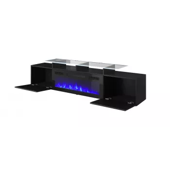 TV spintelė Cama Meble ROVA su elektriniu židiniu, 190x37x48 cm, juoda/juodai blizgi