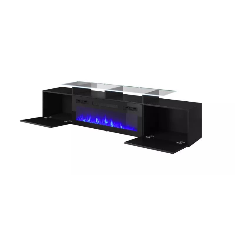 TV spintelė Cama Meble ROVA su elektriniu židiniu, 190x37x48 cm, juoda/juodai blizgi