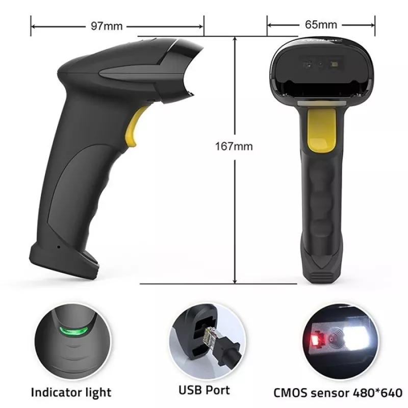 Rankinis laidinis 1D/2D brūkšninių kodų skaitytuvas QOLTEC 50853 — USB, ABS korpusas, 1,65 m laidas, 97×65×167 mm, 105 g