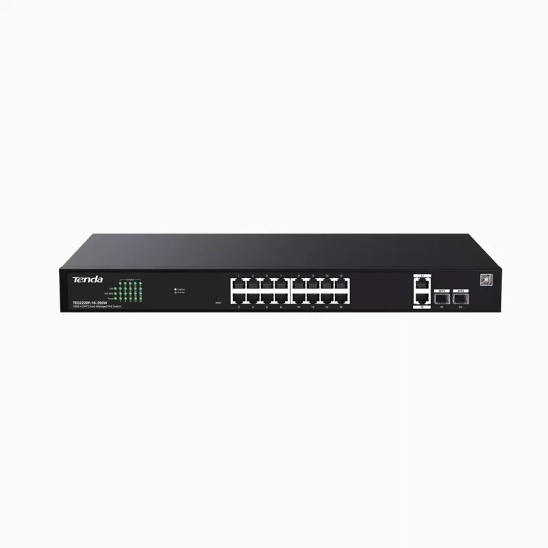 Switch TENDA TEG2220P-16-250W — Gigabitinis Websmart L2 debesies PoE+ 16×1Gb/s, 230 W