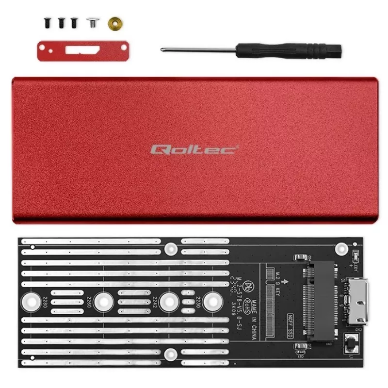 SSD dėklas QOLTEC 51831 USB 3.0 M.2 SATA diskams iki 2TB, raudonas, palaiko 30 mm ilgį, iki 4 diskų