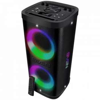 Nešiojamas garsiakalbis SVEN PS-950, juoda, išėjimo galia 2x80 W (RMS), TWS, Bluetooth, IPx4, FM, USB, microSD, LED ekranas, ličio baterija