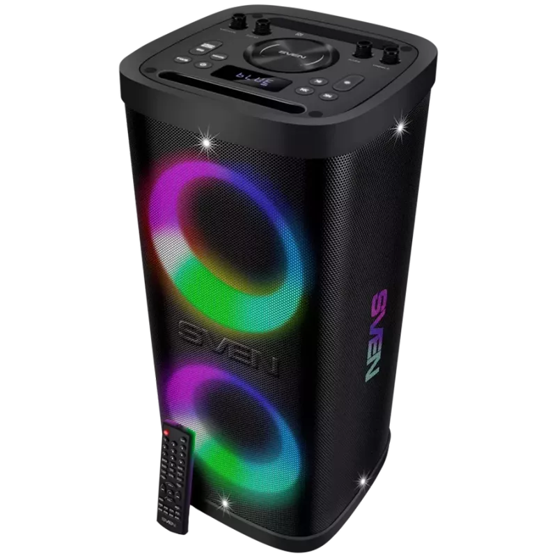 Nešiojamas garsiakalbis SVEN PS-950, juodas, galia 2x80W (RMS), TWS, Bluetooth, IPx4, FM, USB, microSD, LED ekranas, ličio baterija