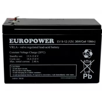 Švino rūgšties sandarus akumuliatorius europower EV 12-9 — 12 V 9 Ah UPS ir atsarginiam maitinimui
