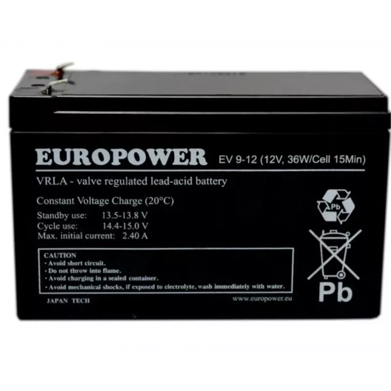Švino rūgšties sandarus akumuliatorius europower EV 12-9 — 12 V 9 Ah UPS ir atsarginiam maitinimui