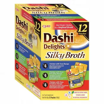 Šlapias kačių maistas INABA Dashi Delights Silky Broth Chicken mix, 12×40 g pakeliai, pilnavertis suaugusių kačių ėdalas