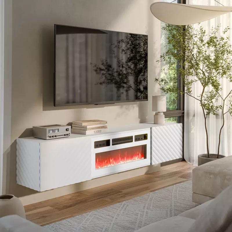 Cama RTV spintelė LARA 183x35x37 baltas matinis + baltas mantelpiece