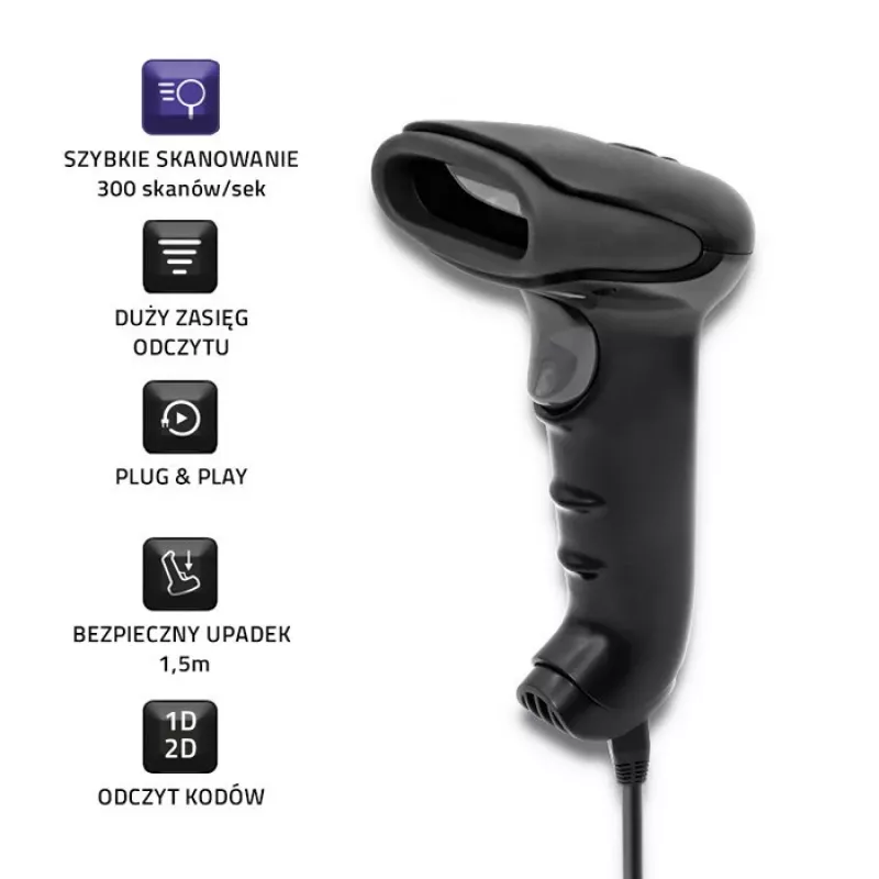 Rankinis brūkšninių kodų skaitytuvas QOLTEC 50868 — 1D/2D lazerinis skaitytuvas, USB laidinis ir belaidis, skaitymo atstumas 600 mm, juodas
