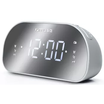 Radijo laikrodis Muse M-170CMR — skaitmeninis radijo laikrodis, 1,2 colio LED ekranas, FM, AC 230V, AAA atsarginė baterija, veidrodinis/baltas