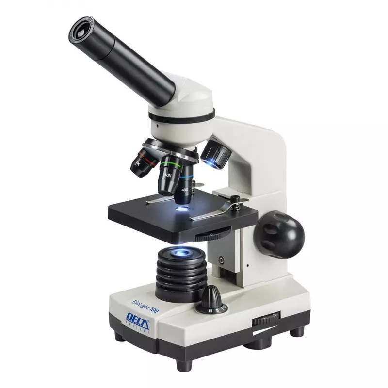 Sudėtinis optinis mikroskopas Deltaoptical DO-3210 — monokuliarinis, 3 achromatiniai objektyvai, LED apšvietimas, 40–400×, 45° palinkusi sukama galvutė