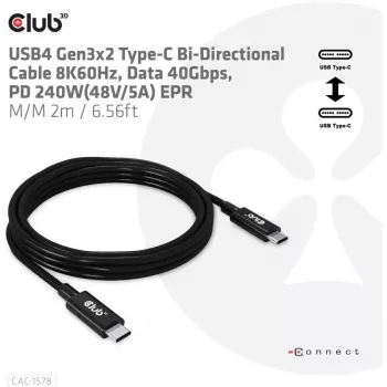 CLUB3D USB4 Gen3x2 Type-C dvikryptis kabelis 8K60Hz, Duomenys 40Gbps, PD 240W(48V/5A) EPR M/M 2m / 6.56ft