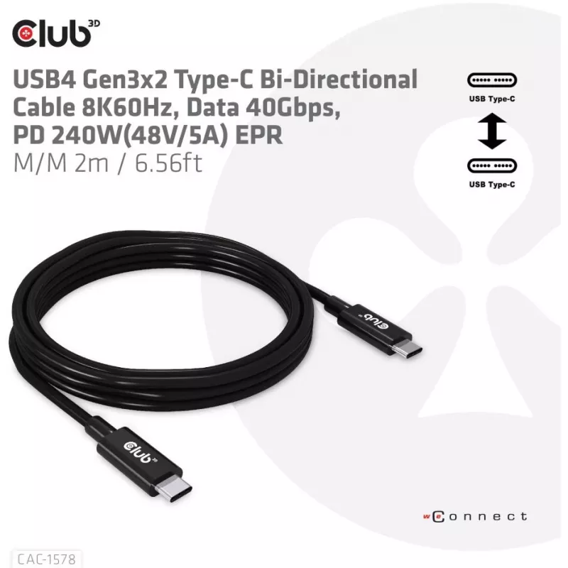 CLUB3D USB4 Gen3x2 Type-C dvikryptis kabelis 8K60Hz, Duomenys 40Gbps, PD 240W(48V/5A) EPR M/M 2m / 6.56ft