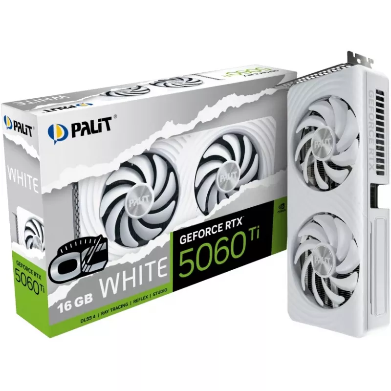 Vaizdo plokštė Palit GeForce RTX 5060 Ti White OC — GeForce RTX 5060 Ti, 16 GB GDDR7, 128 bitų, PCIe 5.0, 2407 MHz