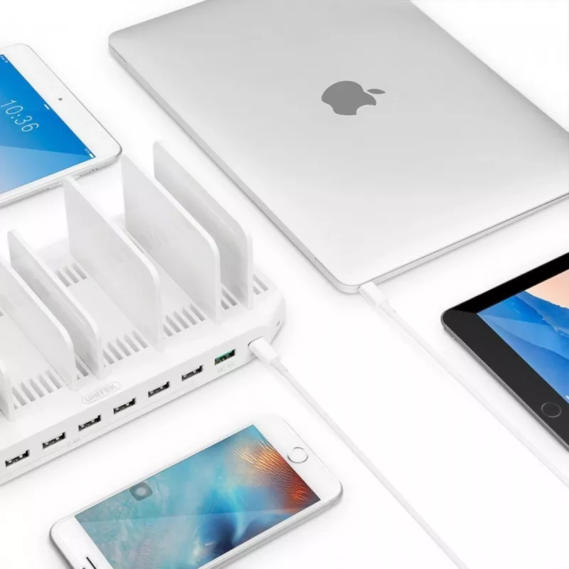 Įkrovimo stotelė Unitek Y-2190A — 10× USB prievadų (8×USB2.0 + 2×USB3.2 Gen1), belaidis įkrovimas, 96W bendra galia