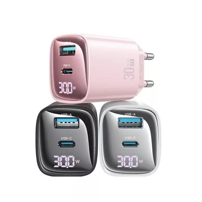 USB ir USB-C 30W GaN greitasis įkroviklis usams CC229 baltas — LED indikatorius, kompaktiškas dizainas