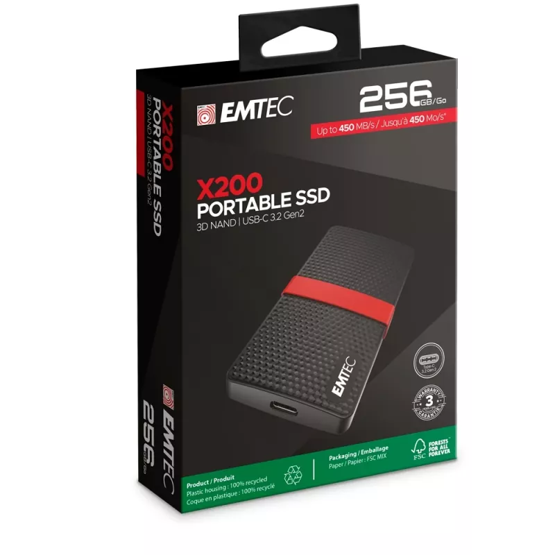 SSD Emtec 256GB USB Type-C 3.2 Gen 1 Juoda Raudona X200