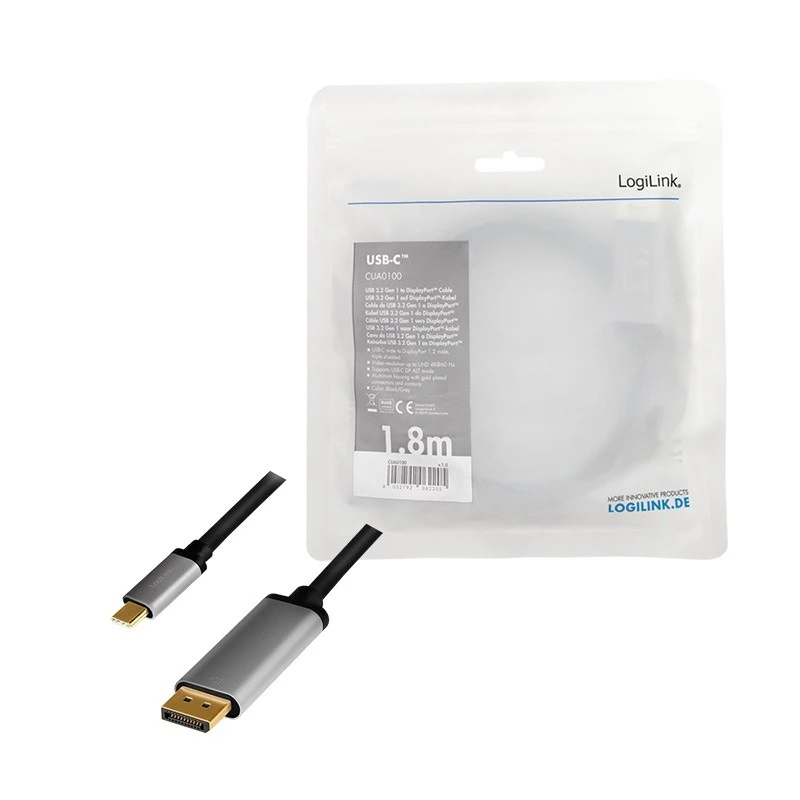 LogiLink CUA0100 kabelio jungties adapteris DisplayPort USB 3.2 Gen1 Type-C 1,8 m juodas pilkas