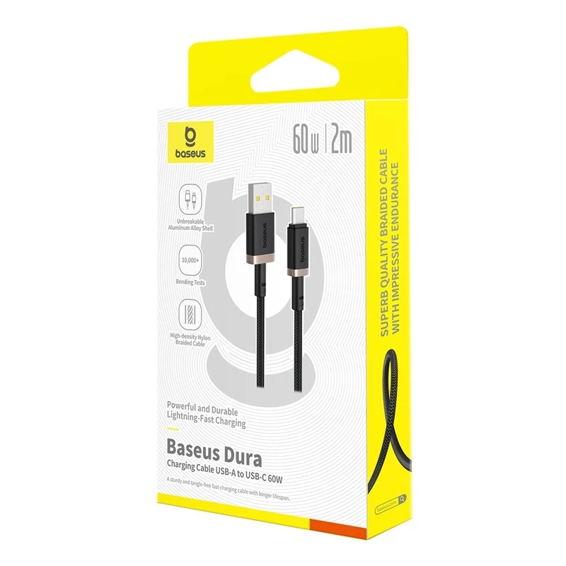 Baseus Dura USB Type A to Type C 60 W greito įkrovimo laidas 2 m juoda, auksinė