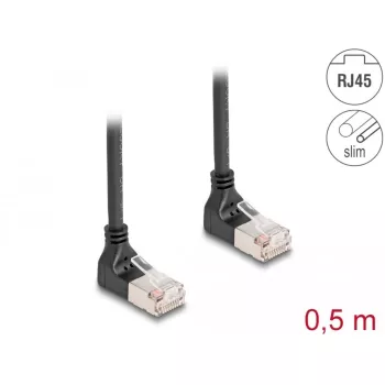 Tinklo laidas DeLOCK RJ45 Cat.6A S/FTP plonas 90° į viršų 0,5 m juodas