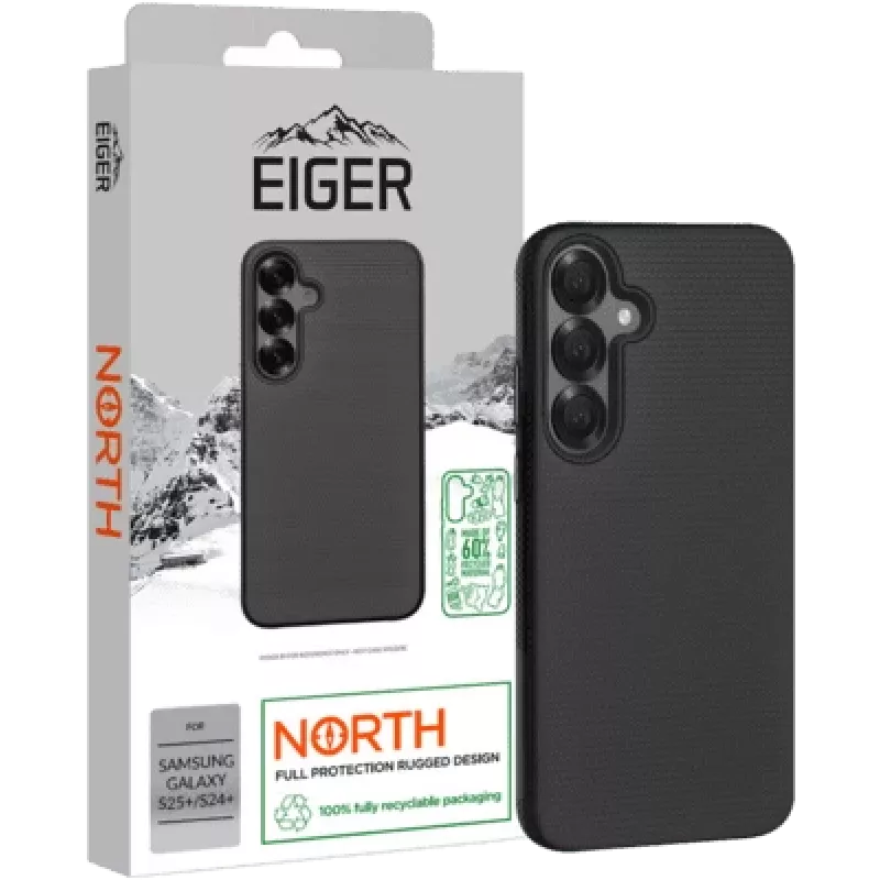 Apsauginis telefono dėklas Eiger Samsung Galaxy S25+/S24+ — juodas patvarus dizainas
