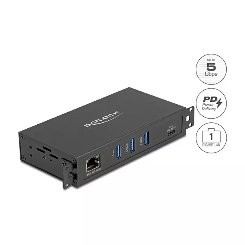 DELOCK USB šakotuvas 3 prievadų 5 Gbps su RJ45 Gigabit PoE++ ir USB Type-C prijungimu, metalinis korpusas, 1,5 kV izoliacija, juodas