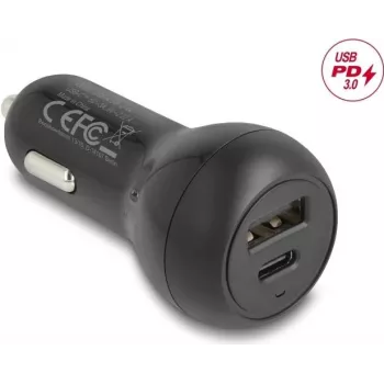 Automobilinis įkroviklis DELOCK 64329 — 12–24V cigarečių žiebtuvėlio lizdui USB-C greitasis įkrovimas išmaniajam telefonui ir planšetiniam kompiuteriui, juodas