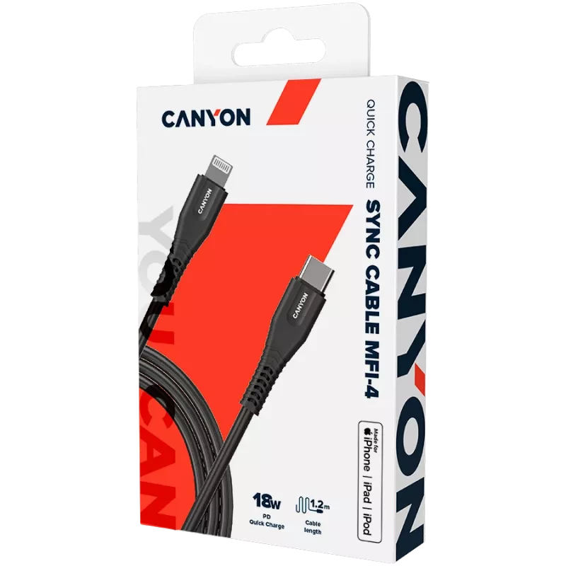 CANYON laidas MFI-4 Type-C į Lightning 1,2m Juodas