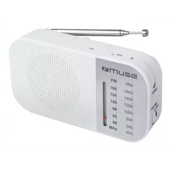 Nešiojamas radijo imtuvas Muse M-025 RW — analoginis FM/MW, baltas, maitinamas baterijomis, išorinė antena
