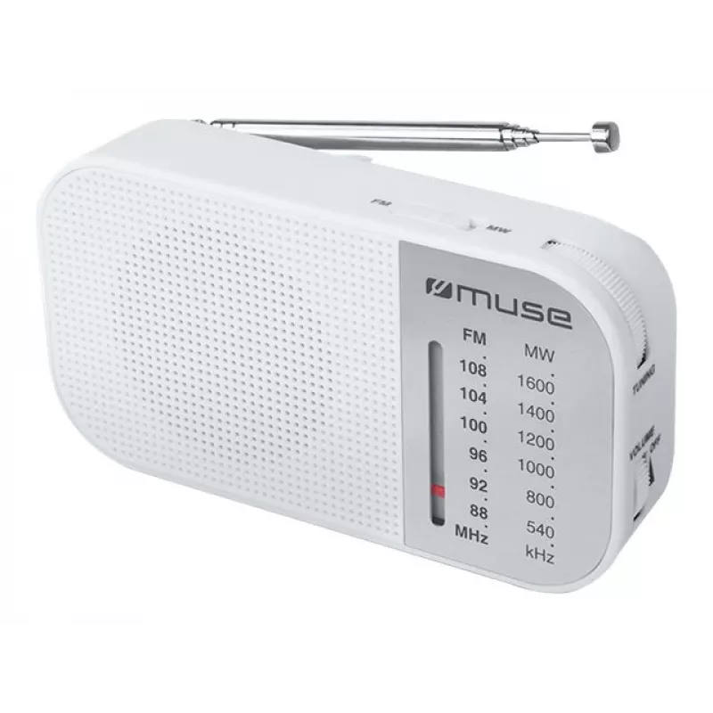 Nešiojamas radijo imtuvas Muse M-025 RW — analoginis FM/MW, baltas, maitinamas baterijomis, išorinė antena