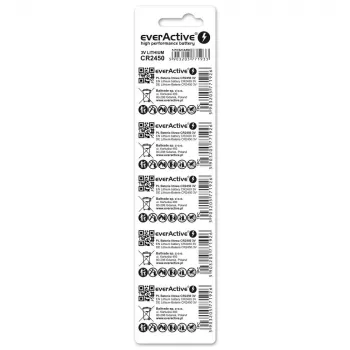 Vienkartinė ličio monetinė baterija everActive CR2450, 3 V, 5 mm aukštis — pakuotėje 5 vnt.