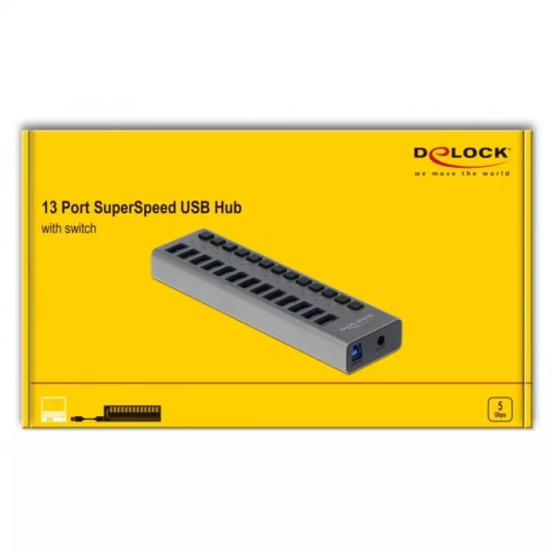 DeLOCK išorinis USB 5 Gbps šakotuvas su 13 prievadų + jungikliu, USB 3.2 Gen 1 (3.1 Gen 1) Type-B, USB 3.2 Gen 1 (3.1 Gen 1) Type-A, 5000 Mbit/s, pilkas, aliuminis, 1 m