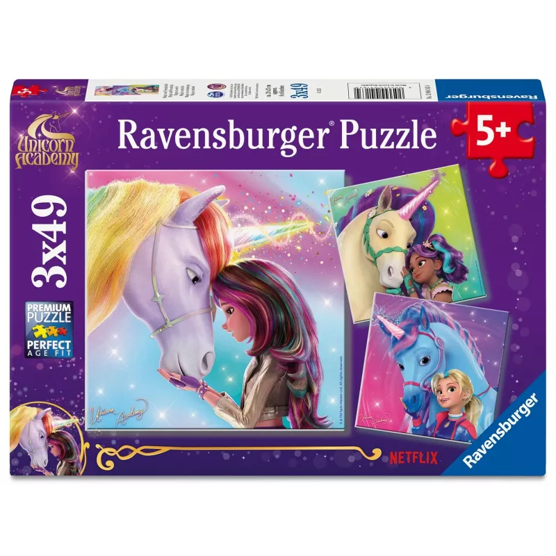 Dėlionė Ravensburger Unicorn Academy — 3 x 49 dalys, rinkinys vaikams