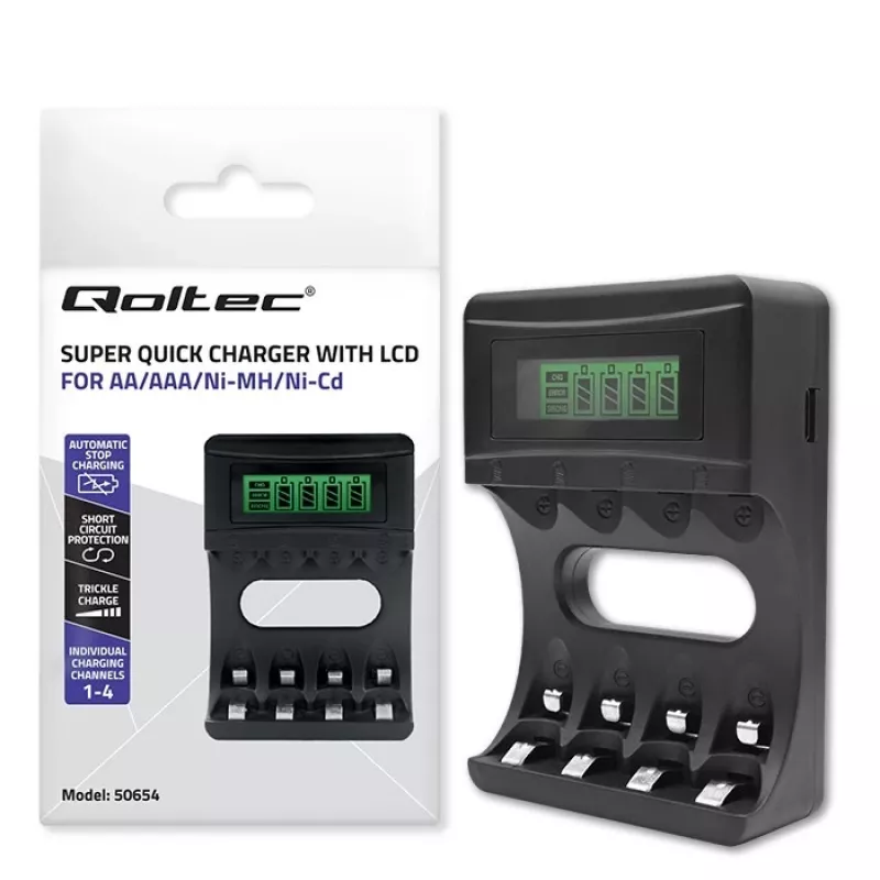 QOLTEC 50654 baterijų įkroviklis, skirtas Ni-MH R03 (AAA) ir R6 (AA) baterijoms, 1800 mA