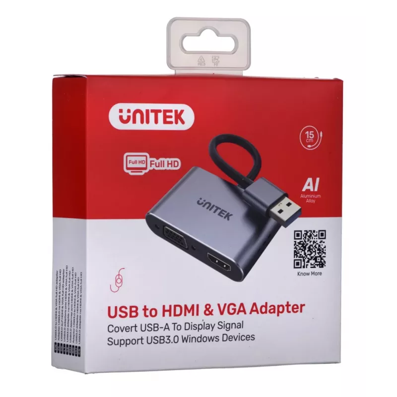 UNITEK V1304A vaizdo kabelio adapteris 0,15 m USB Type-A HDMI + VGA (D-Sub) Pilka