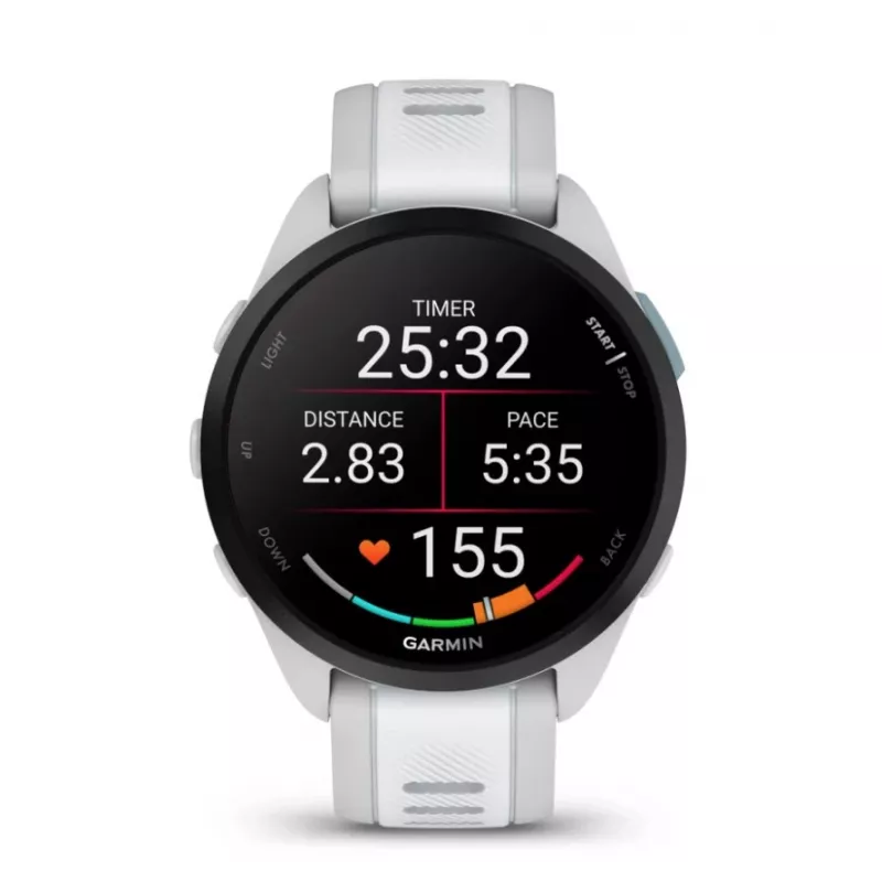 Išmanusis laikrodis GARMIN Forerunner 165 — GPS, AMOLED 1,2 colio, 4 GB, 5 ATM, 11 dienų baterija, pilkas korpusas, baltas dirželis