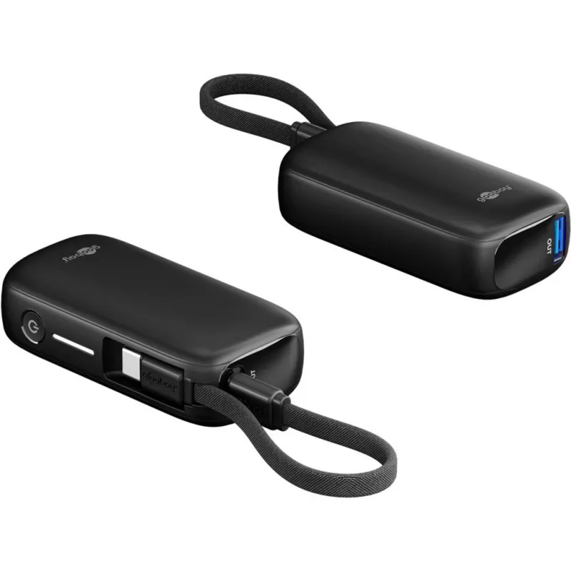 5 000 mAh maitinimo baterija, integruotas USB-C laidas 13 cm, 20 vatų (juoda, 5 Ah, 1x USB-A, 1x USB-C, PD, QC)