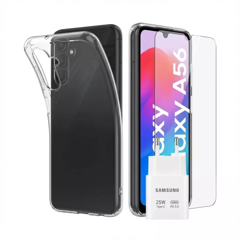 „Samsung“ pradinis rinkinys, skirtas „Galaxy A56“ (permatomas dėklas + maitinimo adapteris), apsauginis dėklas, permatomas, 25 W Po