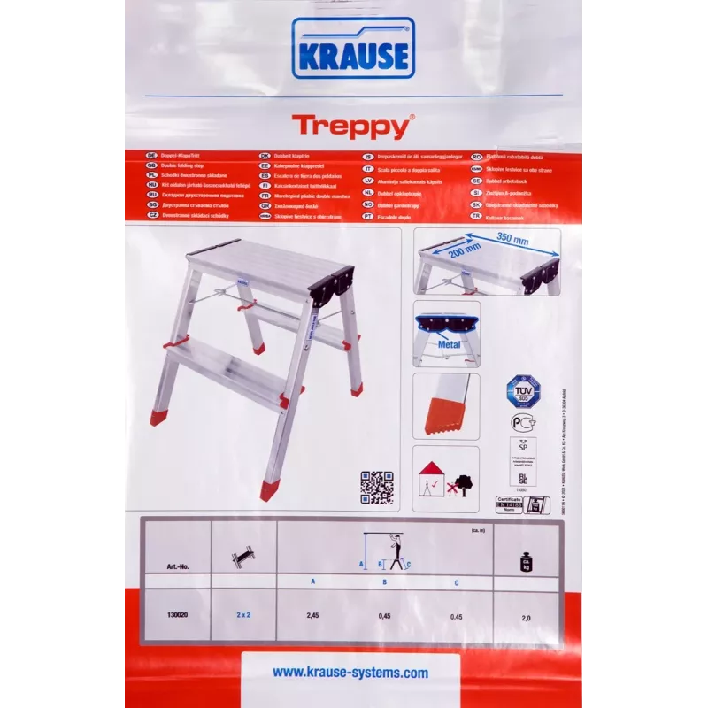 Sulankstomos kopėčios Krause Treppy Sidabrinė 130020 — aliuminio, 2 pakopos, 150 kg talpa, sulenktos 55×20 cm, svoris 2 kg