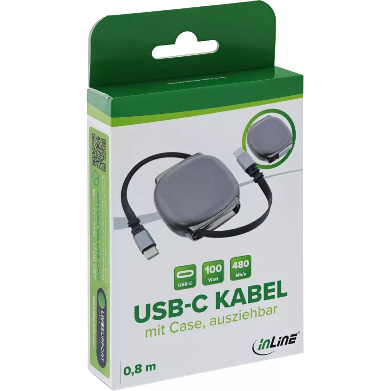 USB-C laidas InLine 35850, 100W galios tiekimas, 0,80 m, juoda/pilka