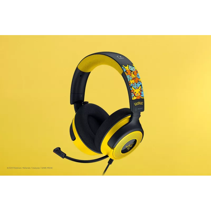 Ausinės Razer Kraken V4 X Pokemon — laidinės USB-C/USB-A, supraauralinės, 20–20000 Hz, 1,8 m laidas, 310 g, juoda/geltona