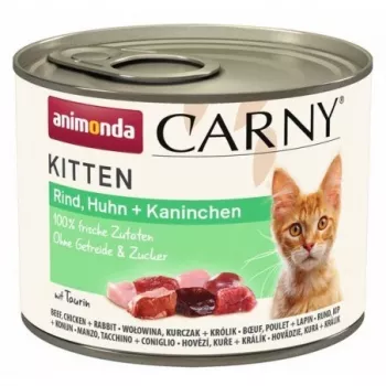 Šlapias kačių maistas animonda Carny BEEF CHICKEN RABBIT 200 g skardinė — jaunikliams, 10,5 % baltymų, 6,3 % riebalų, 80 % drėgmės