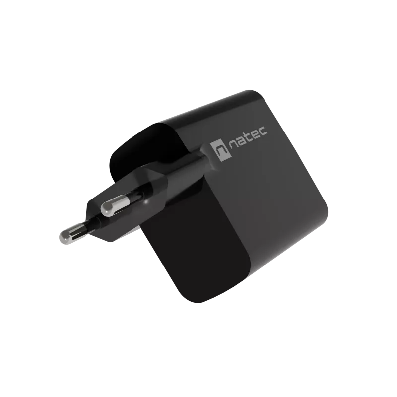 Laidus mobilusis įrenginių įkroviklis NATEC NUC-2145, 65 W, USB-C PD 3.0 + QC 3.0, 1x USB-C, 1x USB-A, 110–240 V, juodas