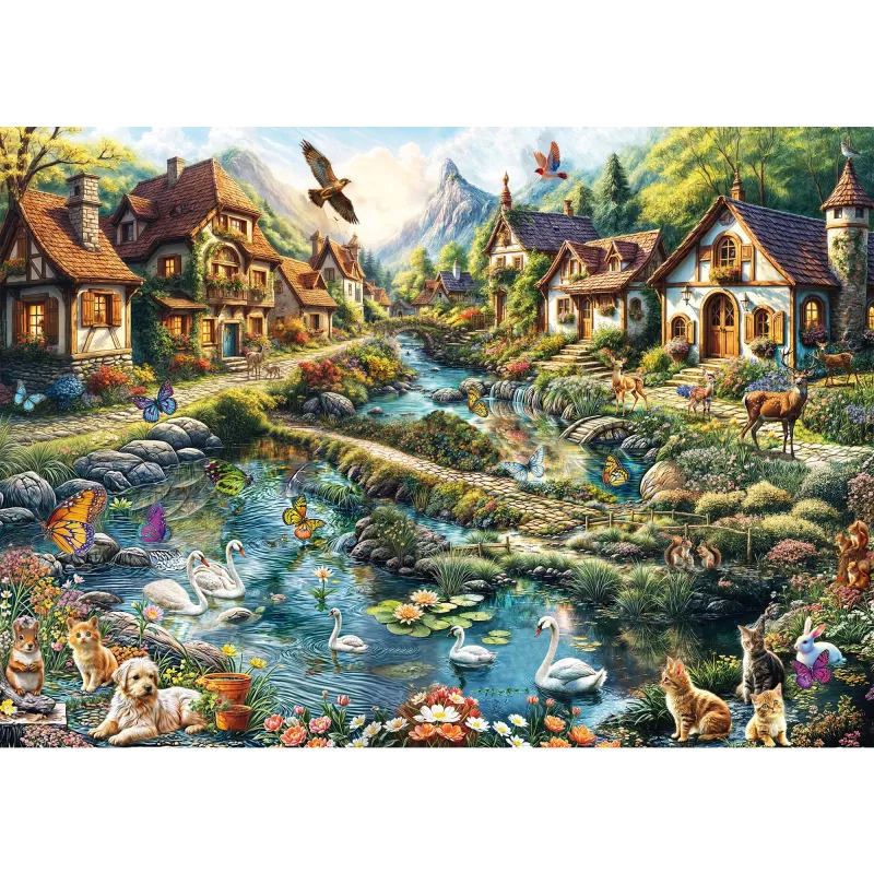 Dėlionė 1000 vnt., schmidt spiele Village at the Edge of the Forest, peizažinė iliustracija