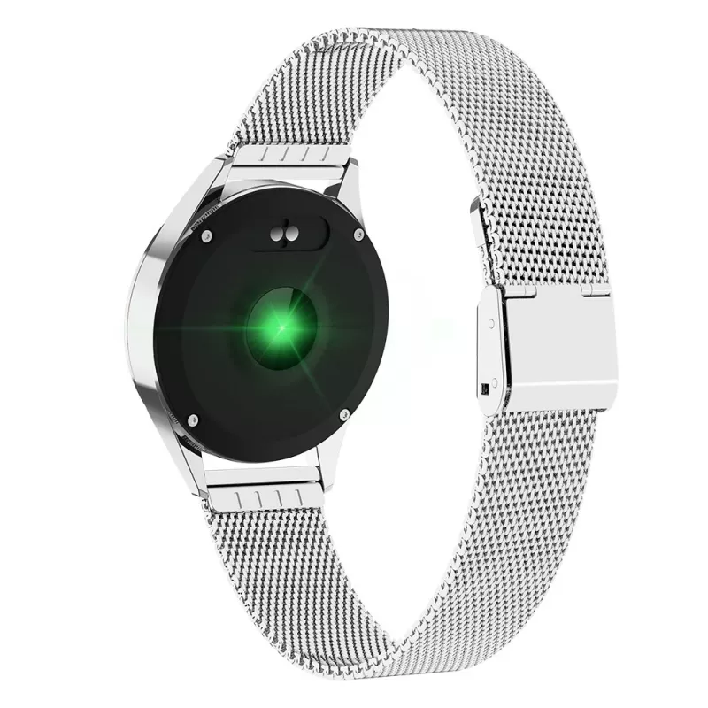 Išmanusis laikrodis ORO-MED ORO-SMART CRYSTAL Sidabrinė — apvalus metalinis korpusas, LCD 240×198, 1,04 colio ekranas, Bluetooth 4.0, atsparus vandeniui, 120 mAh baterija