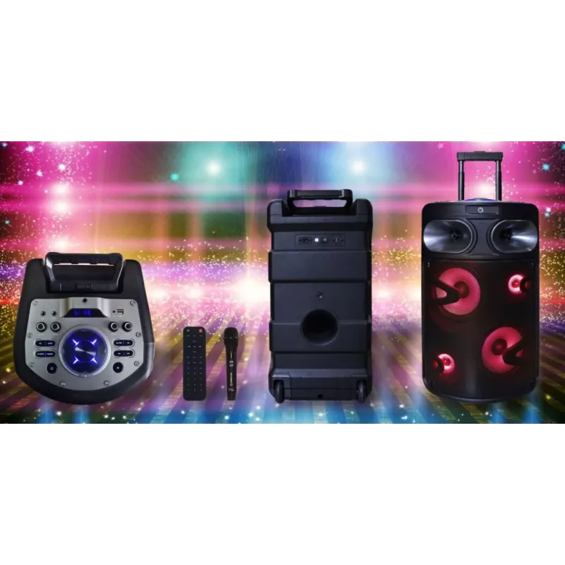 Nešiojamasis Bluetooth karaoke garsiakalbis MANTA SPK0803B140 140 W, maitinamas baterijomis, MIC/USB/microSD, FM, ekvalaizeris, ratukai