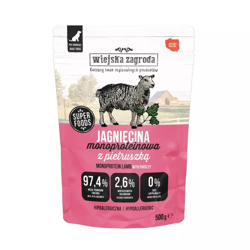 WIEJSKA ZAGRODA Monoproteininė aviena - drėgnas šunų ėdalas - 500g