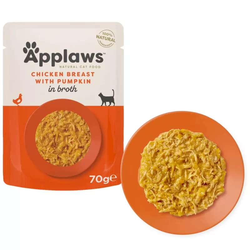 “Applaws” šlapio kačių ėdalo pakelis — vištos krūtinėlė su moliūgu, 70 g, suaugusioms katėms, 84 % drėgmės, 12 % baltymų, be grūdų ir glitimo